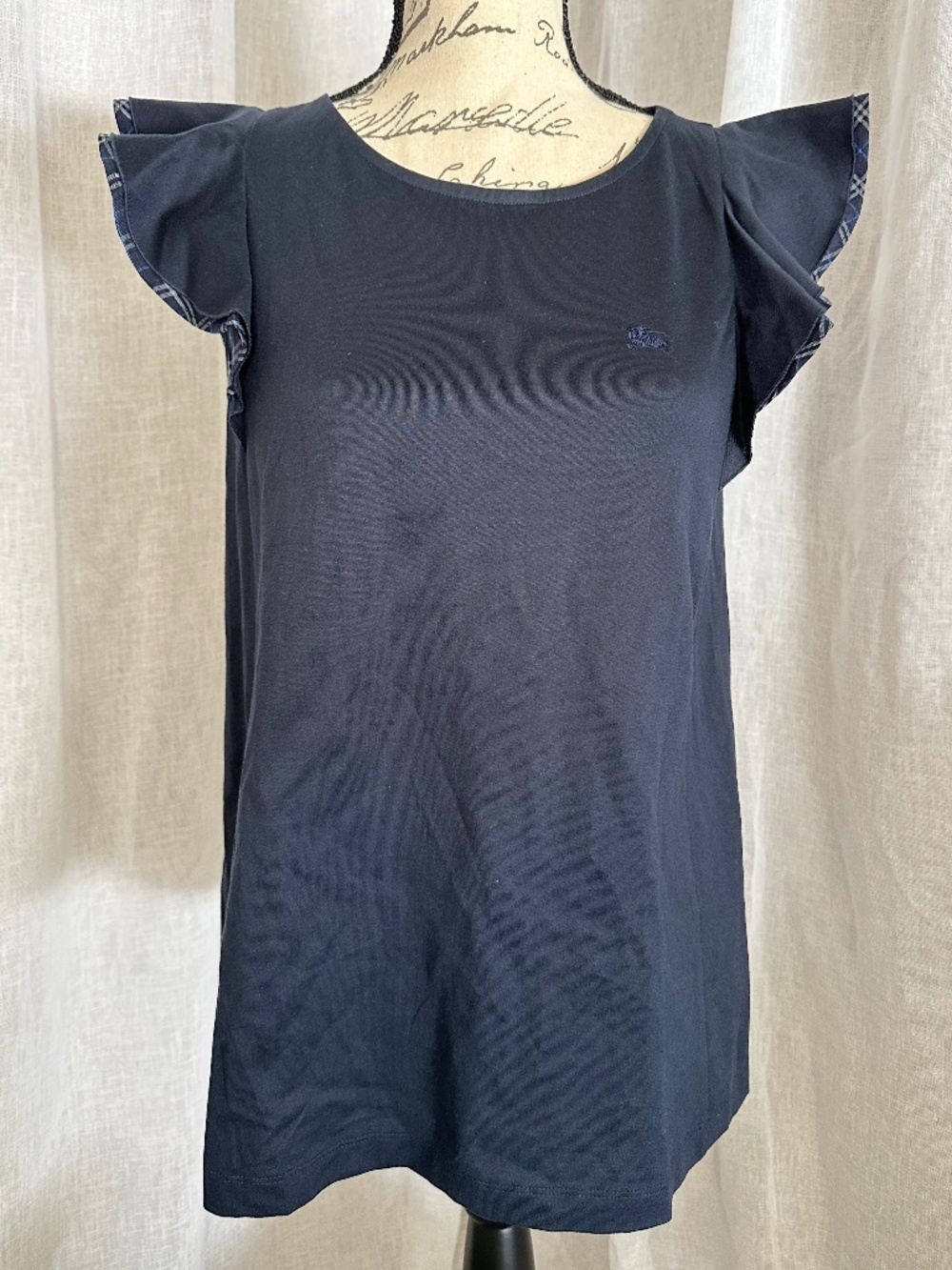 Rare Burberry Blue Label navy cotton knit shirt plaid-lined ruffle sleeve sz 38